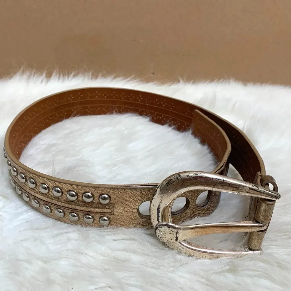 MICHAEL KORS Gold Leather Vintage Studded Belt Silver Buckle Sz SMALL